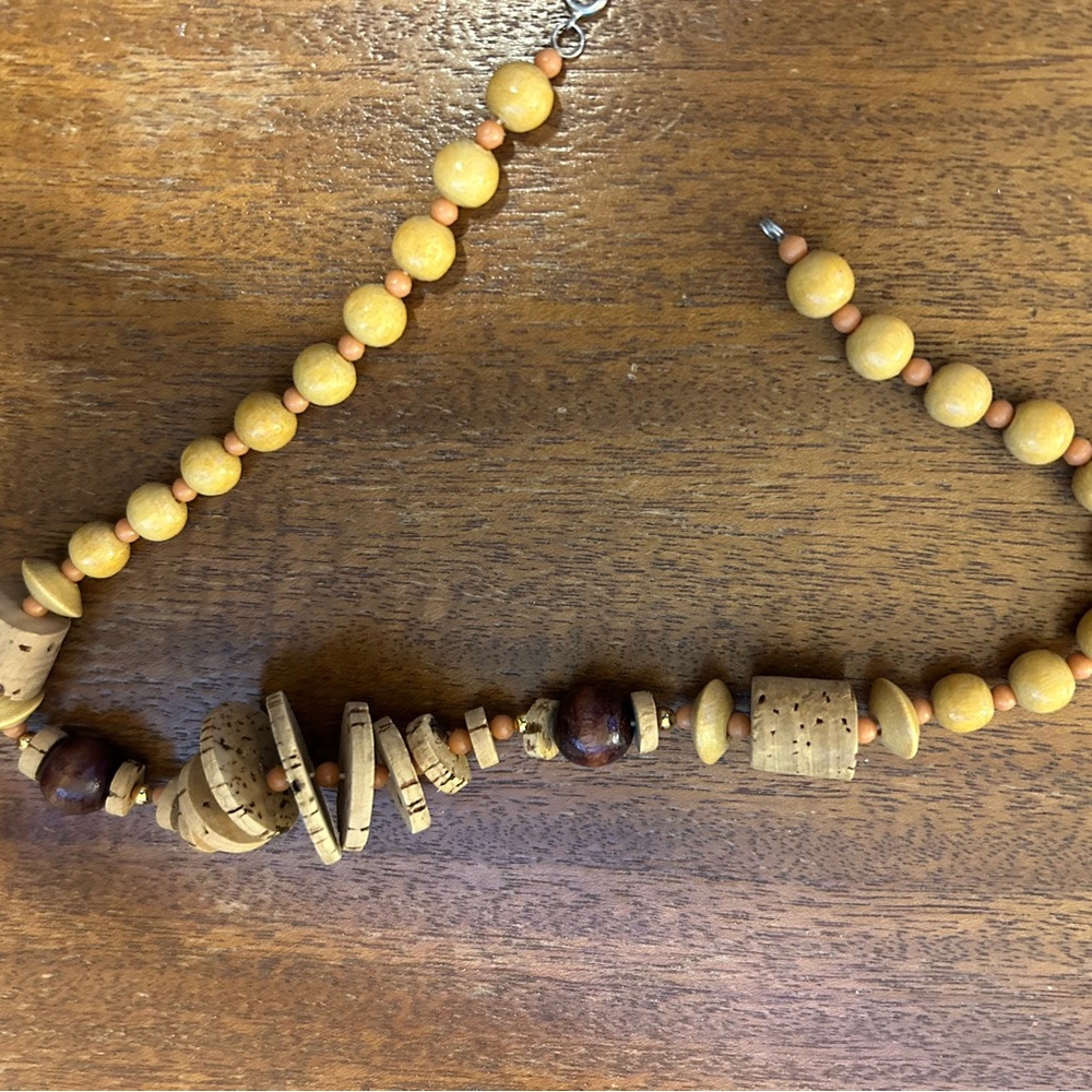 18” cork and wood bead necklace.